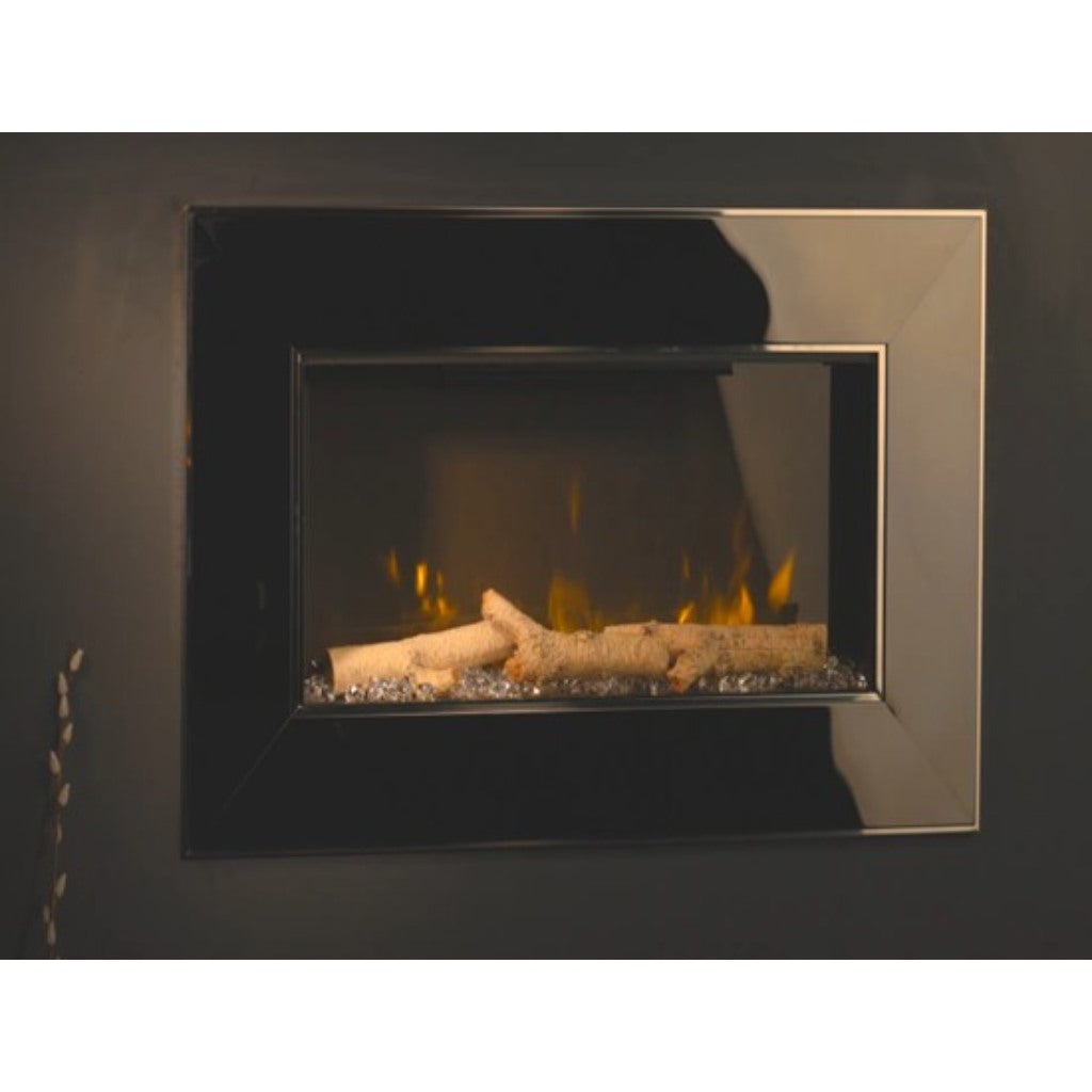 Flametek Sorrento hole in the wall electric fire with a black glass frame and realistic log fuel bed.