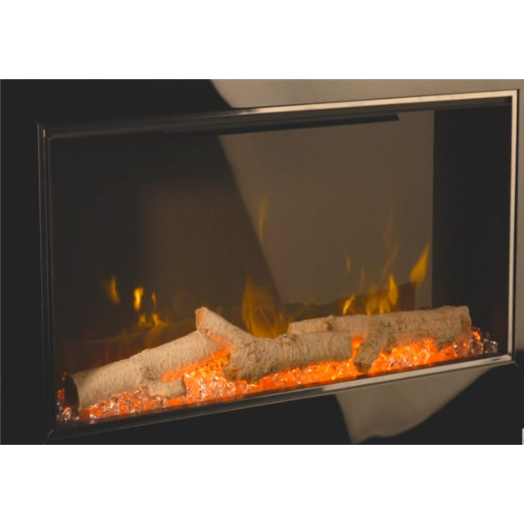 Flametek Sorrento electric fire with a silver frame, glowing embers, and realistic birch log fuel bed.
