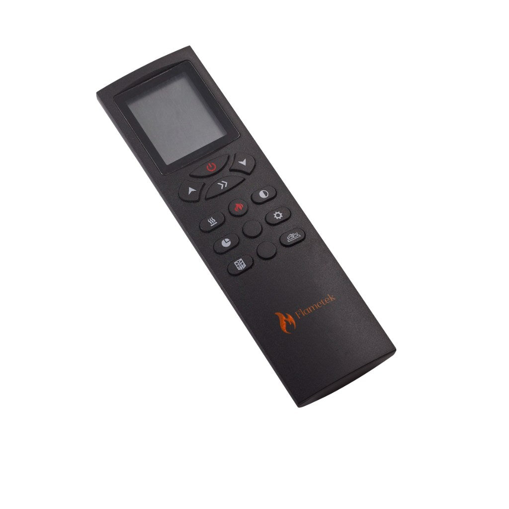 Black Flametek remote control with a digital display screen and various function buttons on a white background.