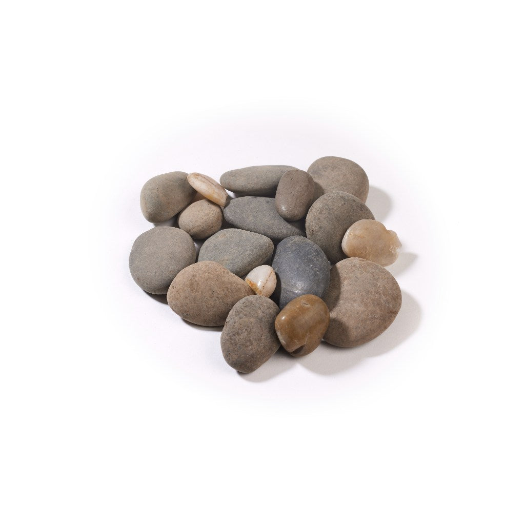 A small pile of smooth, multi-coloured decorative pebbles and river stones on a plain white background.