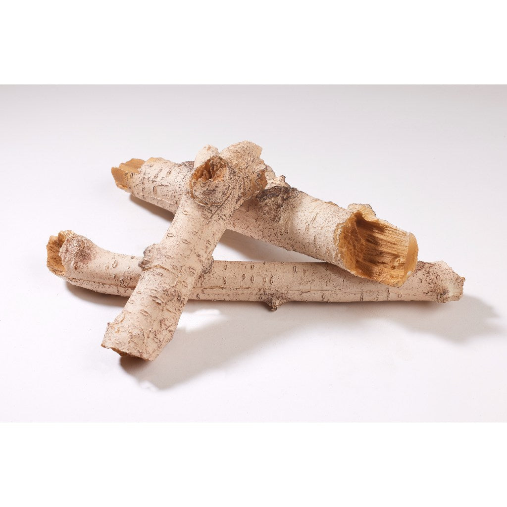 Three realistic light-coloured birch wood logs for a Flametek Sorrento electric fireplace on a white background.