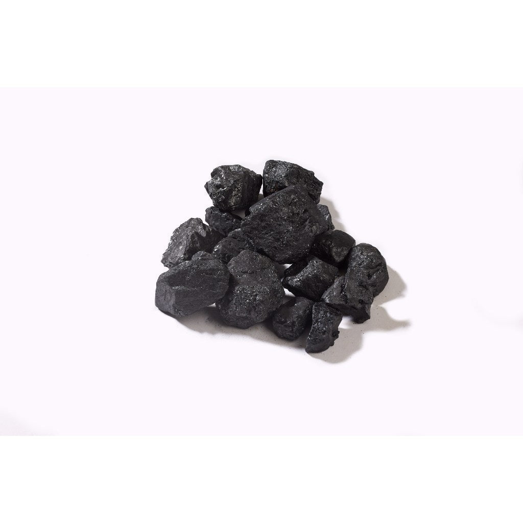 Small pile of black, textured coal pieces for the Flametek Sorrento electric fireplace on a white background.