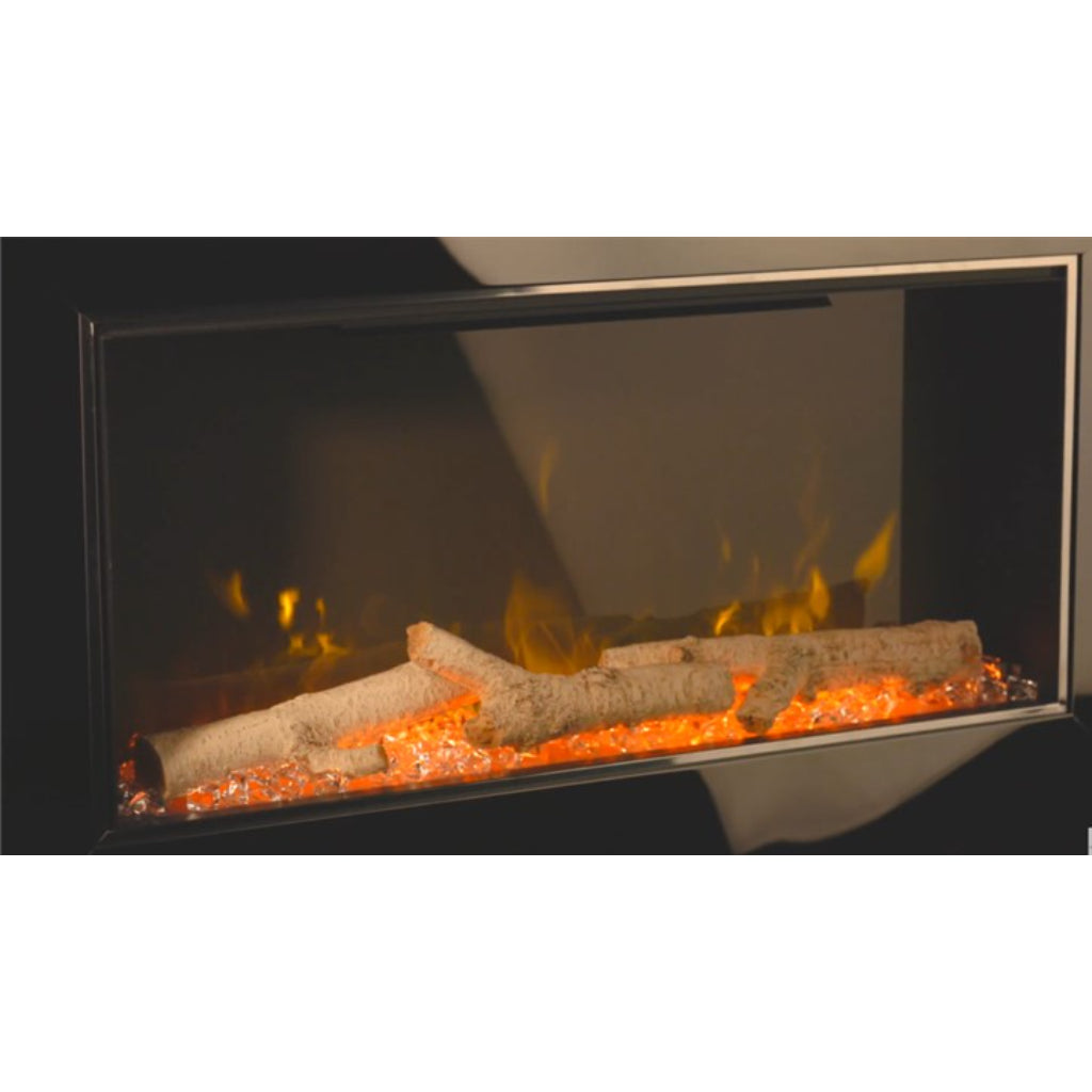 Flametek Treviso electric fire with realistic logs, glowing embers, and a sleek chrome frame.
