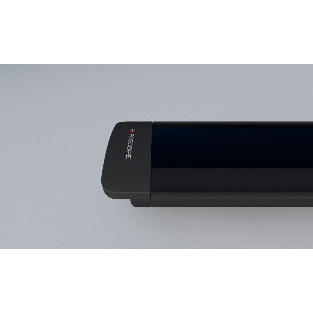 Close-up of a black Heatscope Heaters Pure 2400W electric radiant heater with a sleek, minimalist glass front.