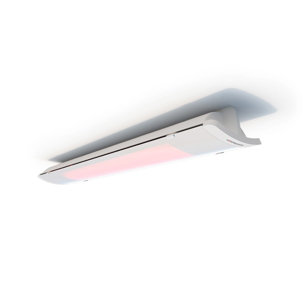 Heatscope Heaters Pure 2400W electric radiant heater in white, mounted on a ceiling with a soft pink glowing element.