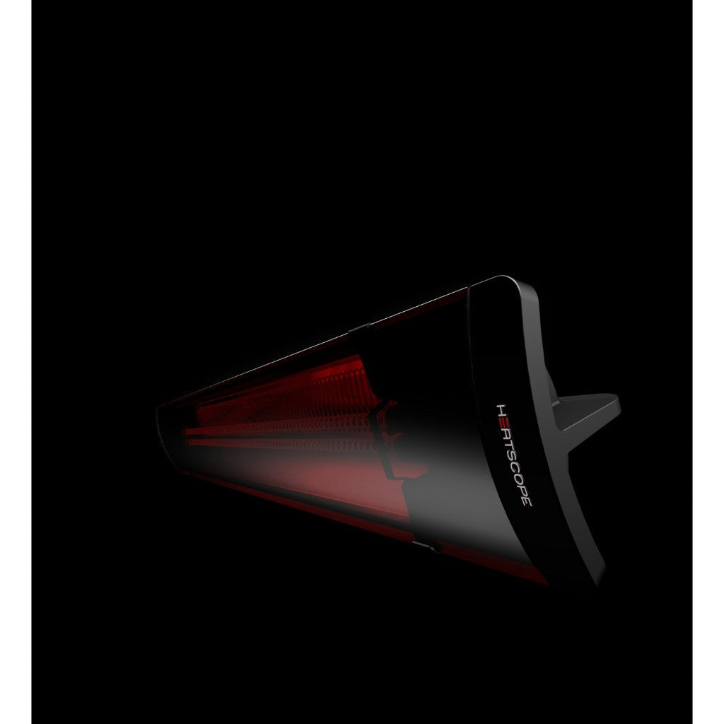 Heatscope Heaters Pure 2400W electric radiant heater in black with a glowing red heating element against a black background.
