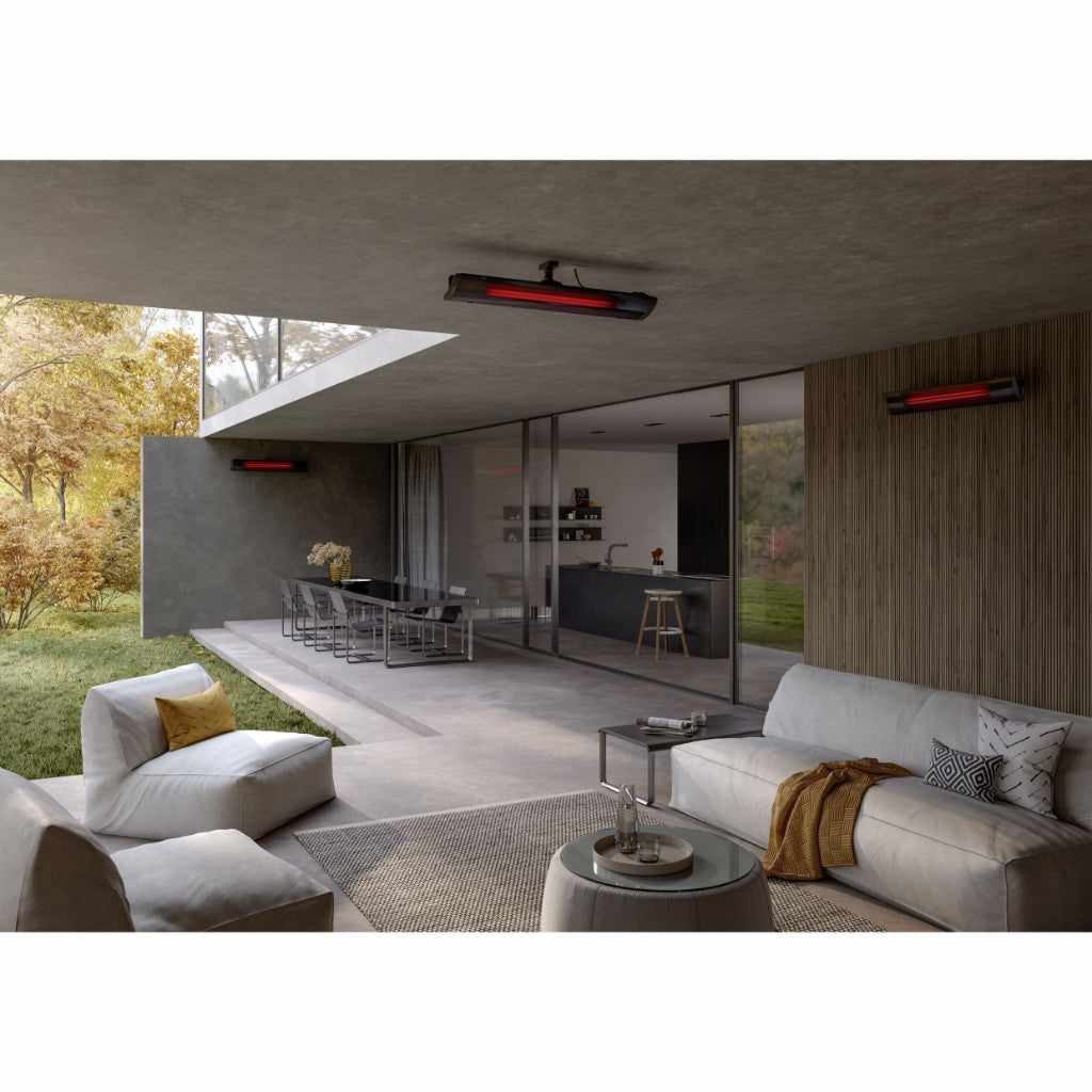 Heatscope Heaters Pure 2400W electric radiant heaters mounted on a modern outdoor patio ceiling and wooden wall.