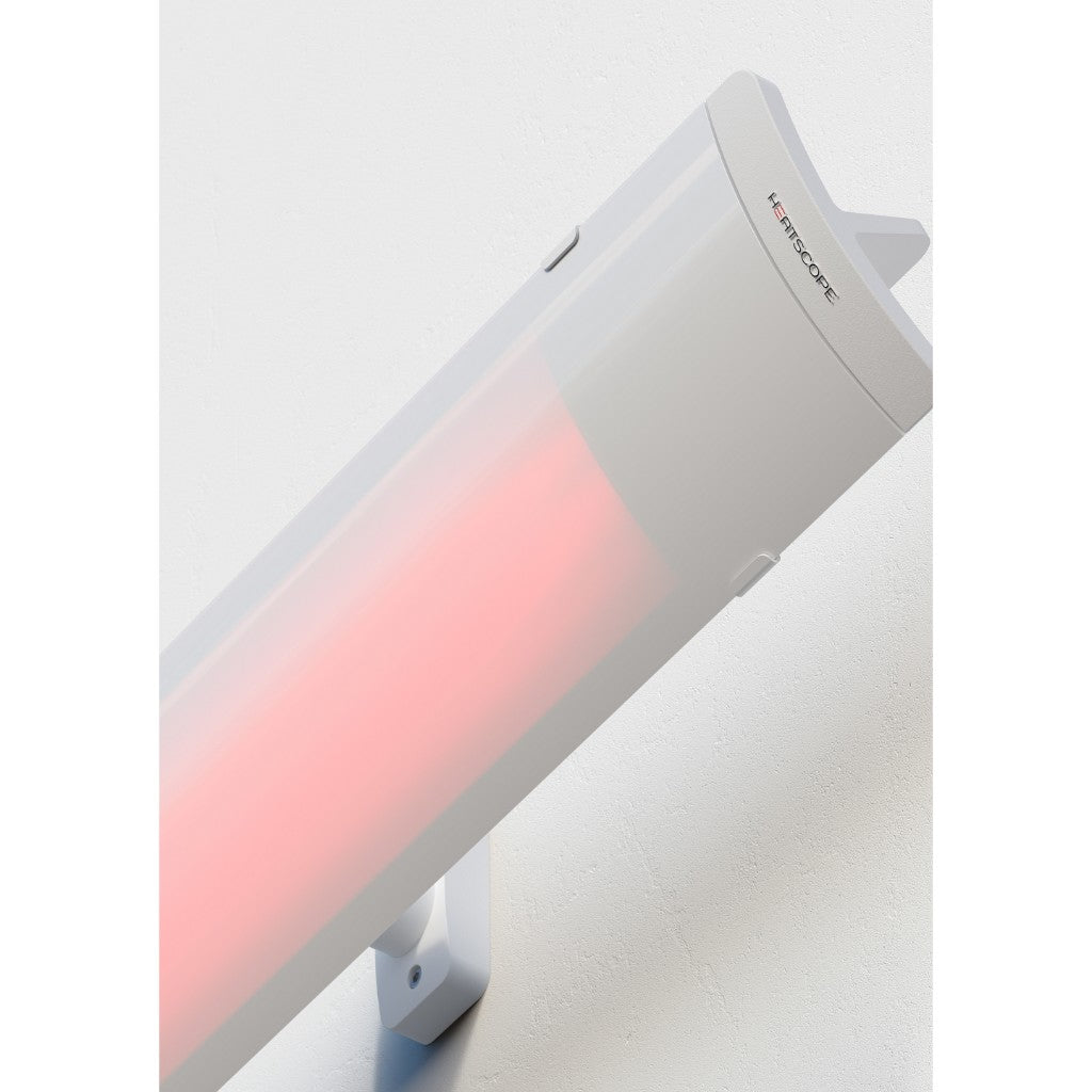 Heatscope Heaters Pure 3000W electric radiant heater in white, mounted on a wall with a glowing orange heating element.