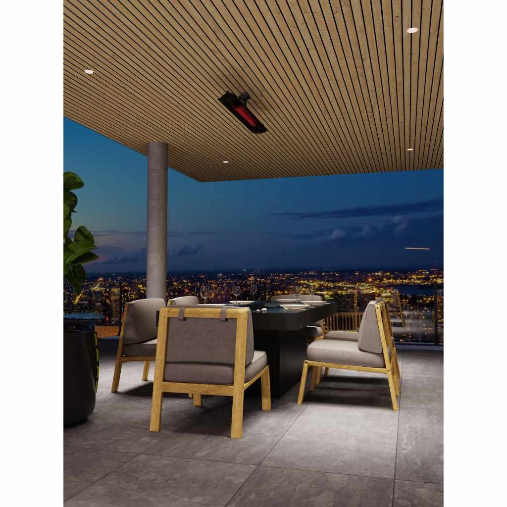 Heatscope Heaters Pure 3000W electric radiant heater mounted on a slatted timber ceiling above an outdoor dining area.