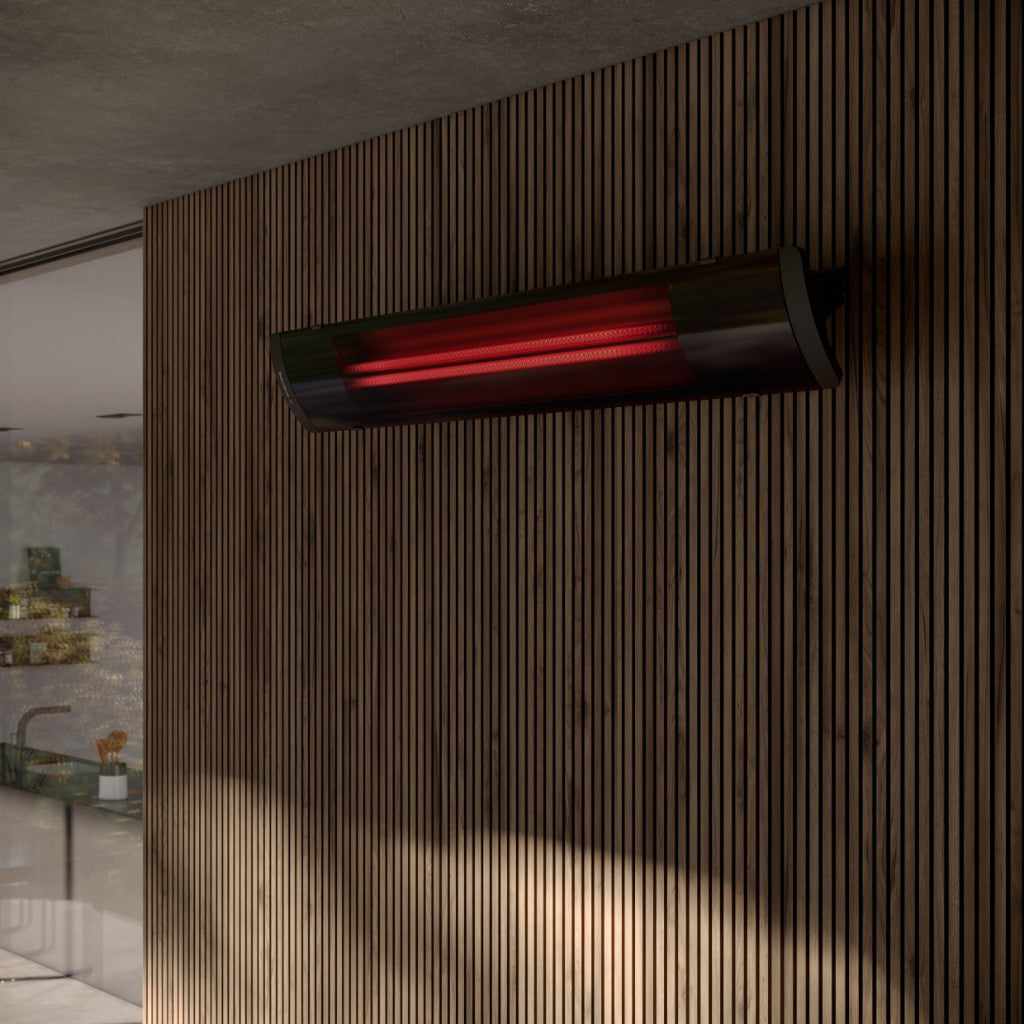 Heatscope Heaters Pure 3000W electric heater with a black finish, mounted on a vertical slatted wooden wall.