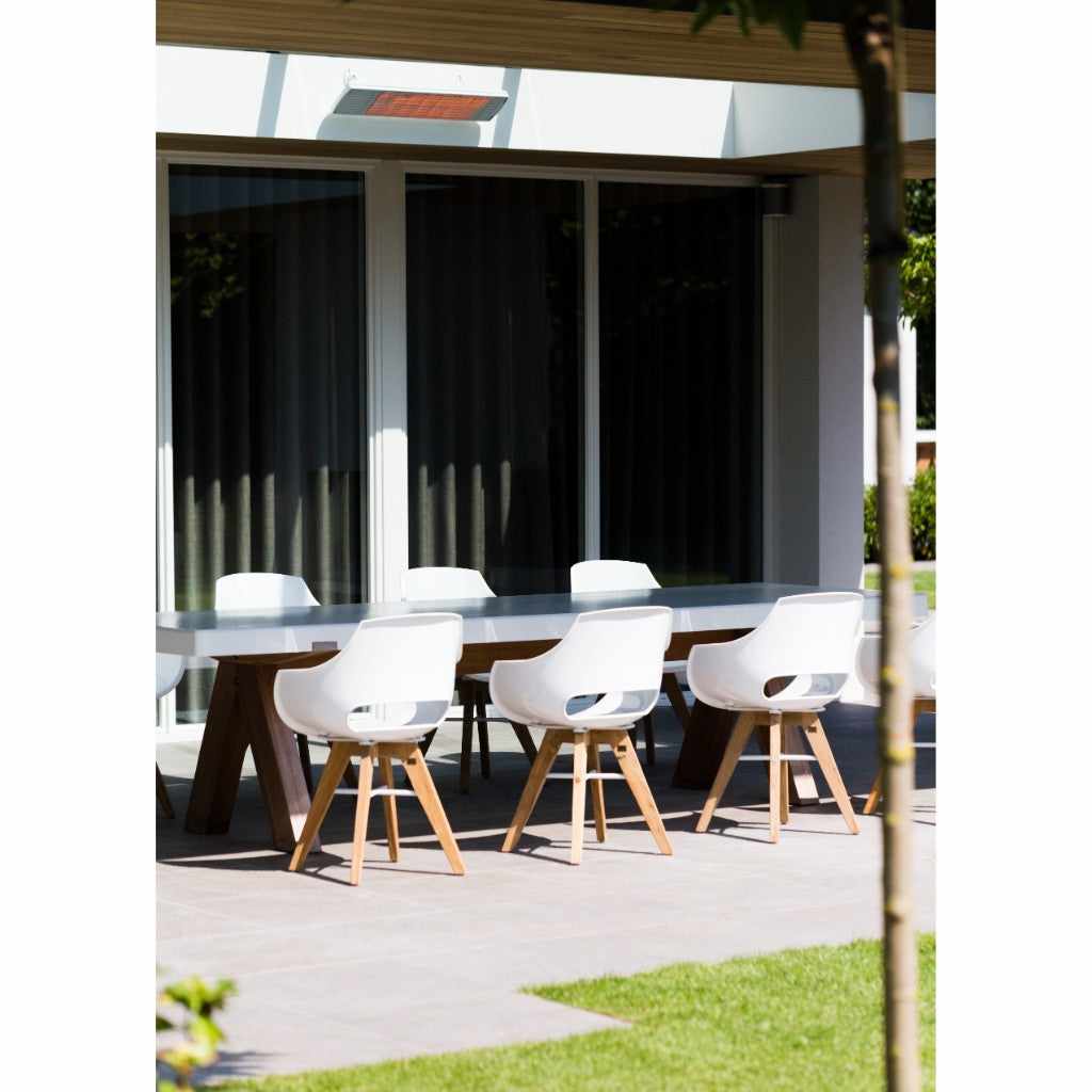 Heatscope Heaters Spot 1600W electric radiant heater mounted on a white patio ceiling above a modern dining set.