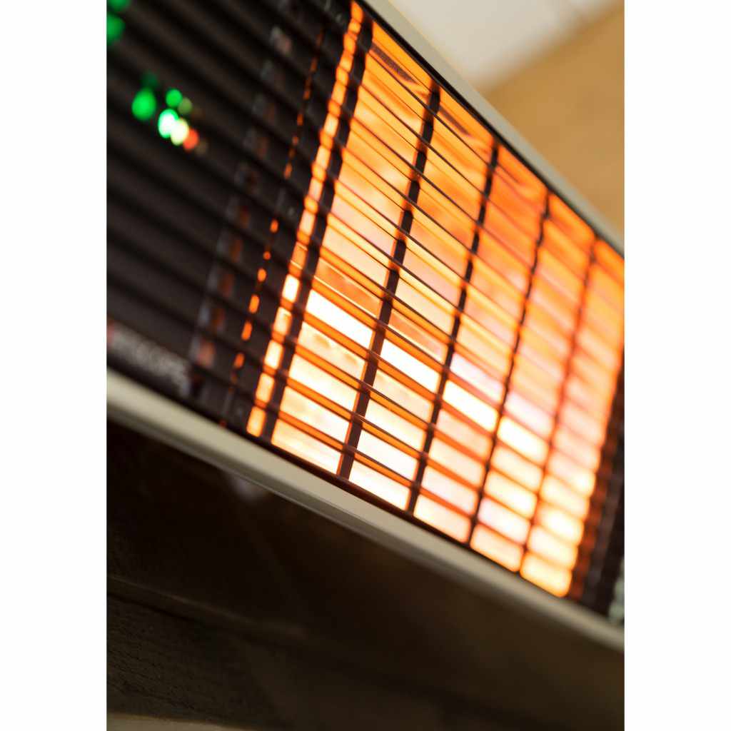Heatscope Heaters Spot 1600W electric radiant heater glowing orange with green status lights on a black grille.
