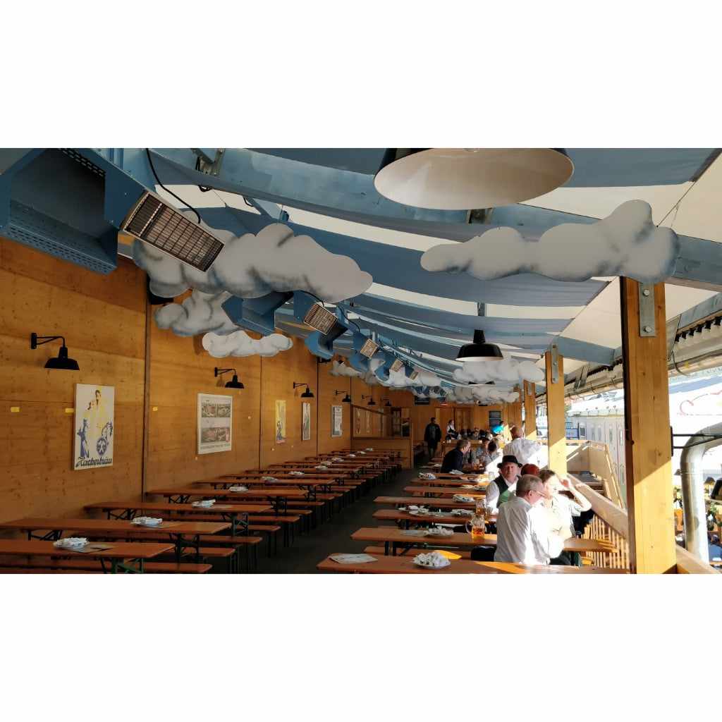 Heatscope Heaters Spot 2800W electric radiant heaters mounted on the ceiling of a wooden beer hall.