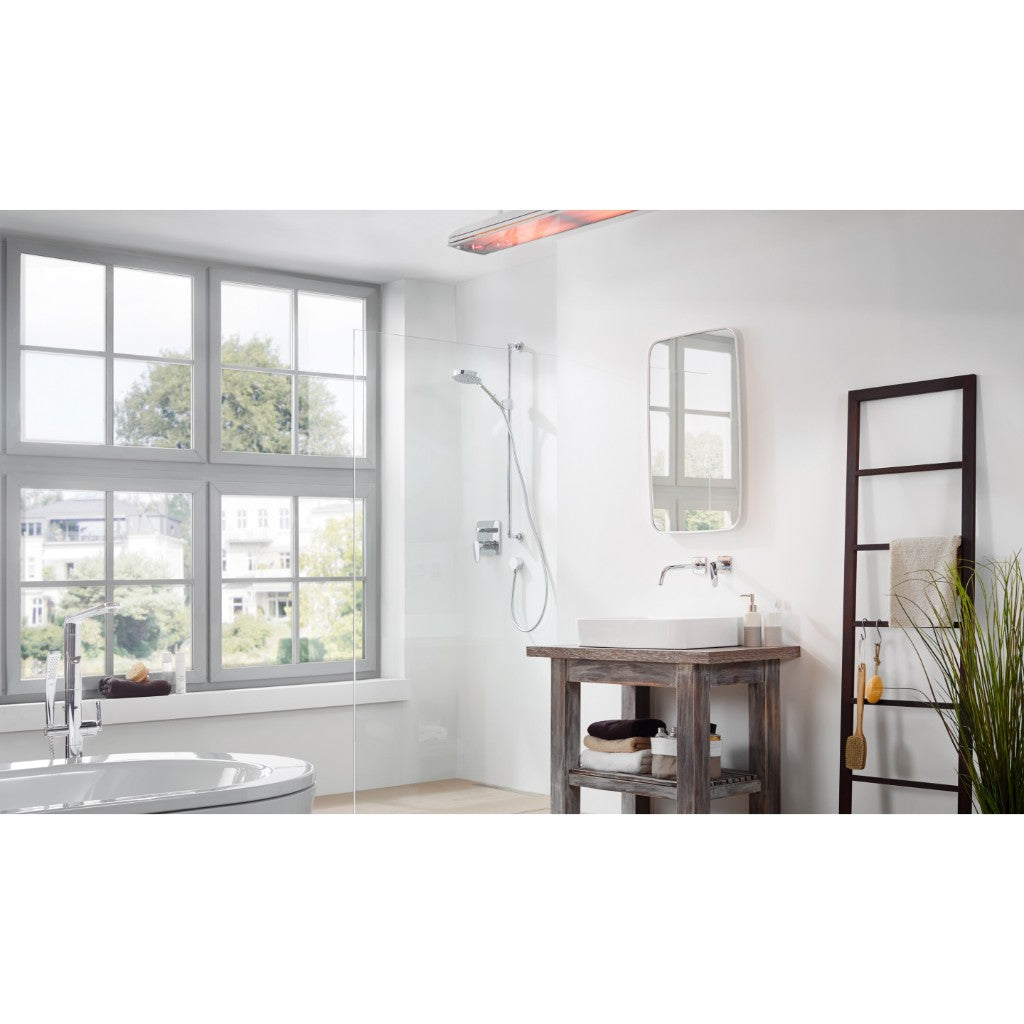 Heatscope Heaters Vision 3200w electric radiant heater mounted on a white bathroom ceiling with a glowing orange element.