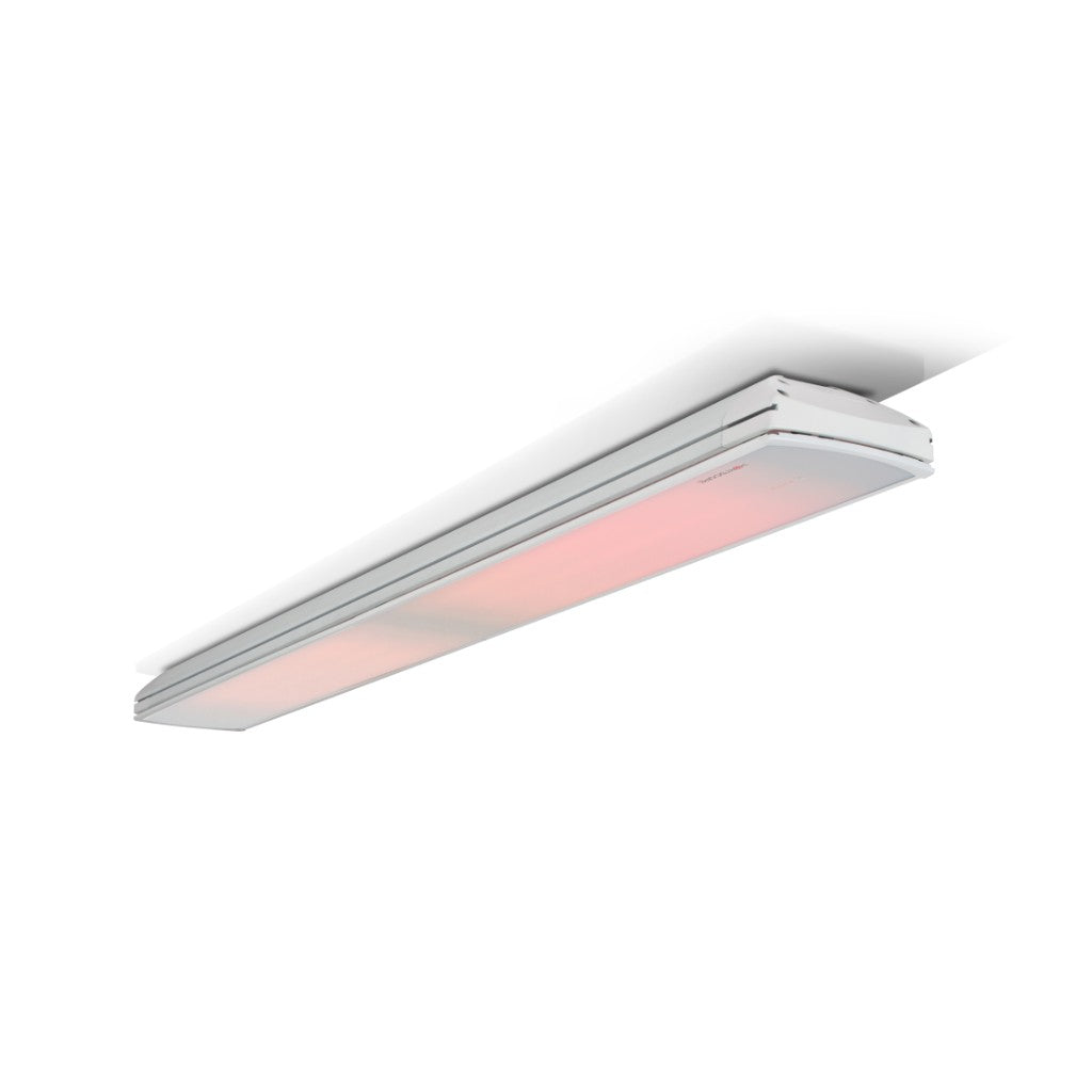 Heatscope Heaters Vision 3200w electric radiant heater in white, mounted on a ceiling with a glowing orange element.