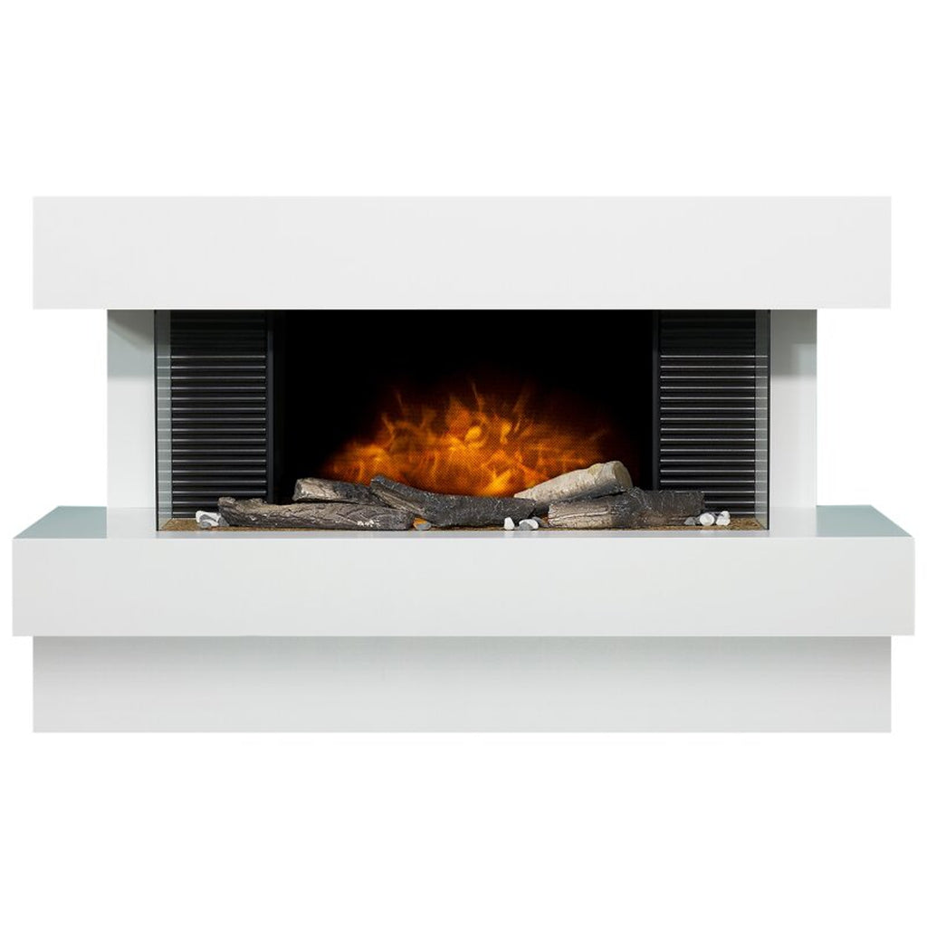 Manola XLS electric suite fireplace in white with a black interior, log fuel bed, and realistic orange flame effect.