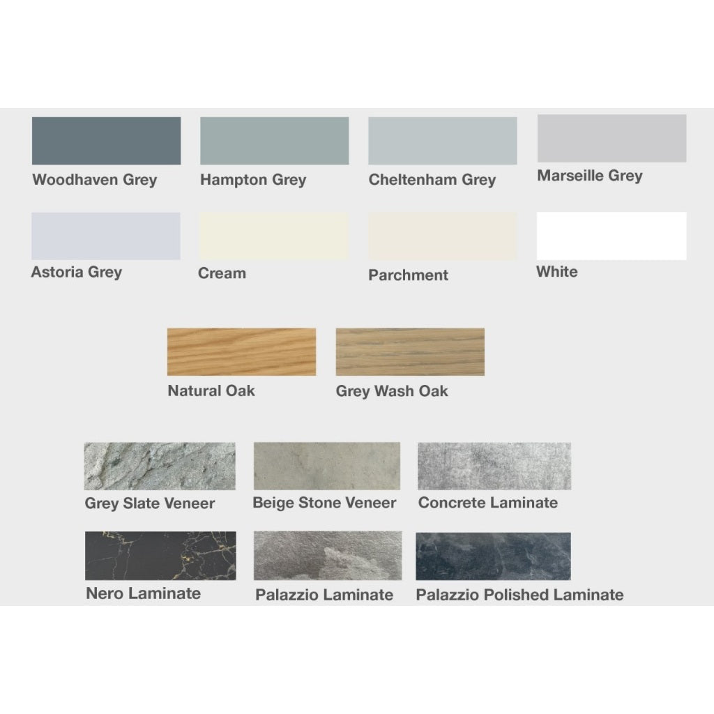 OER Fairmont Electric Fireplace Suite colour and finish swatches including painted, oak, stone, and laminate options.