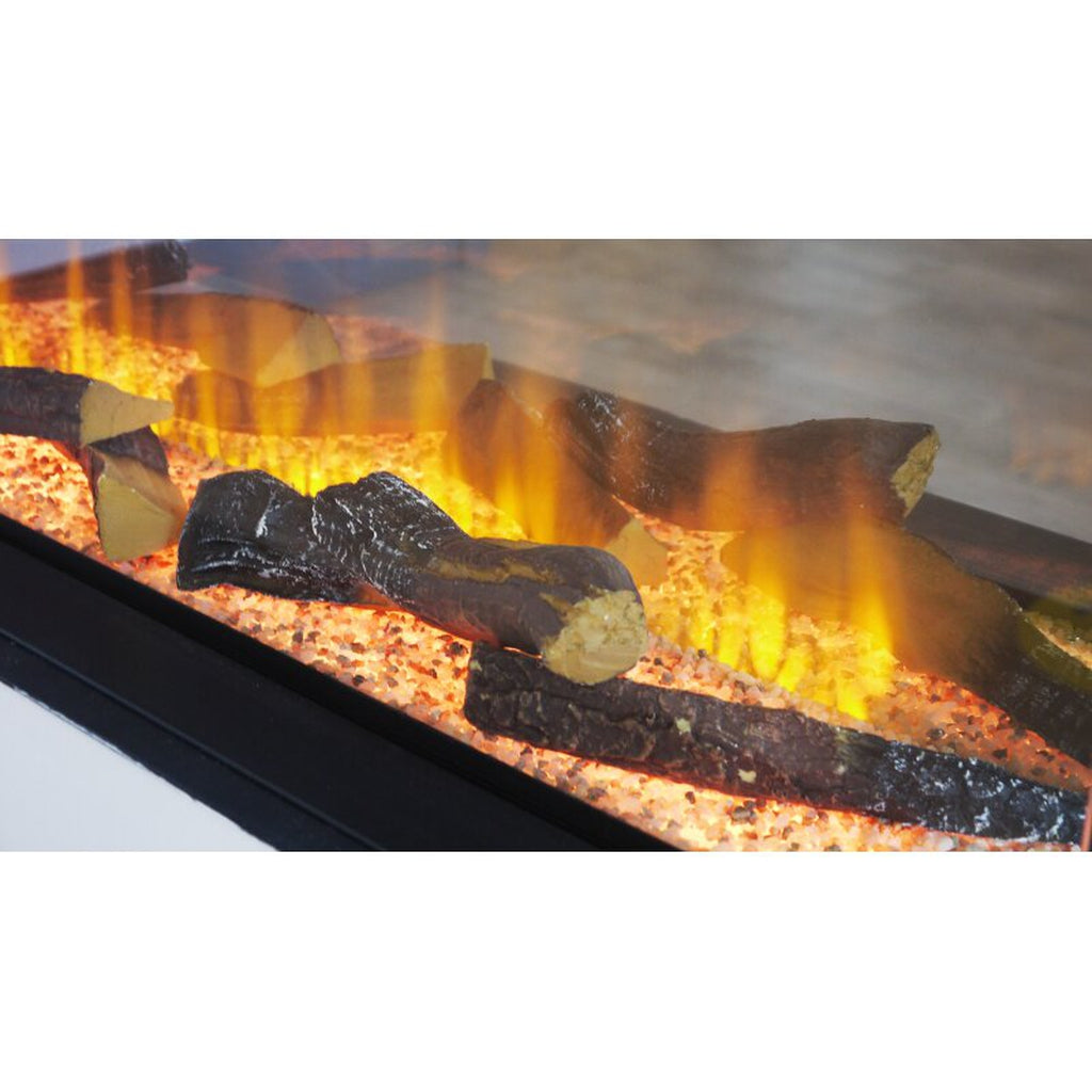Sahara 42 Inch electric fire with realistic glowing logs, orange flame effect, and a decorative crystal ember bed.