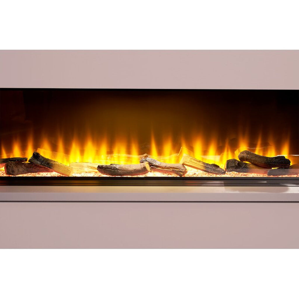 Sahara 42 Inch 3 Sided Panoramic Media Wall Electric Fire with realistic glowing logs and orange flame effect.