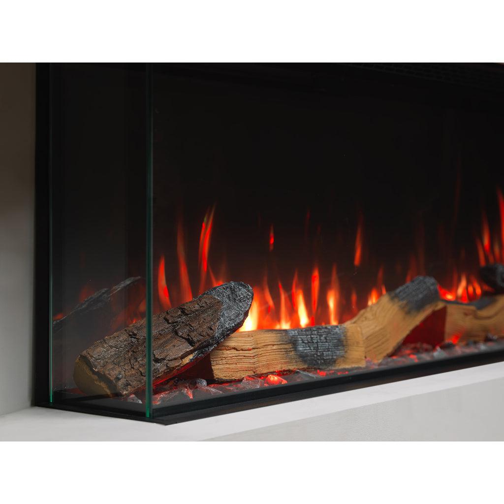 Vision Futura 72-inch three-sided electric fire with realistic glowing logs and vibrant orange flame effects.