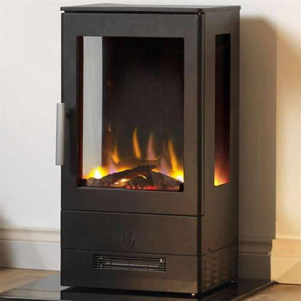 ACR E-Trinity3 electric stove with a black finish, glass side panels, and a realistic flame effect on a hearth.