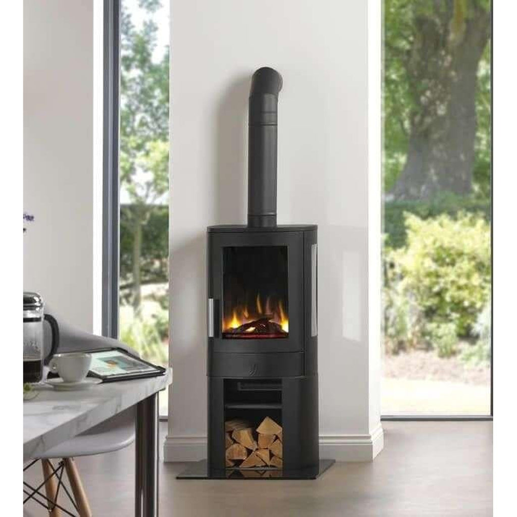 ACR NEO3C electric stove in black with a tall flue, glass viewing window, and a log storage compartment below.