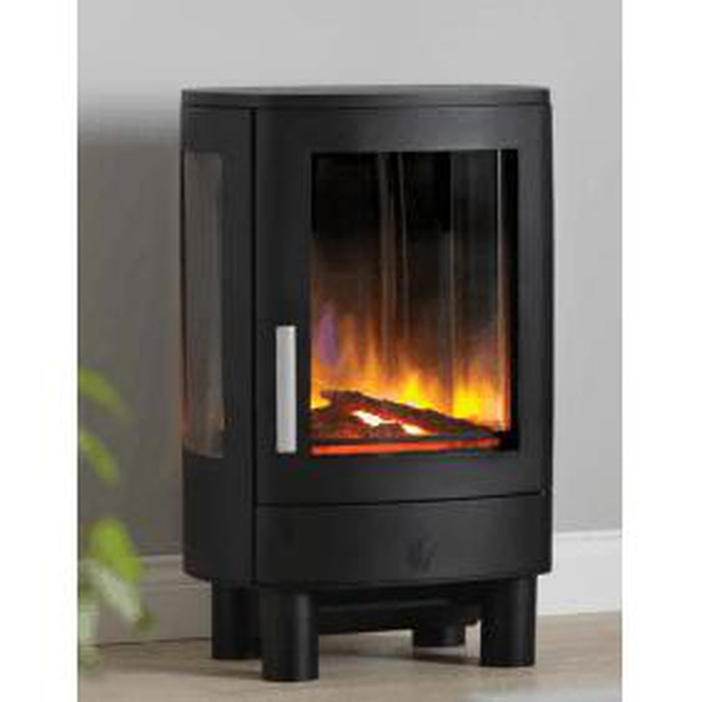 ACR NEO3F electric stove in black with side glass panels and a glowing log fire effect on a four-legged base.