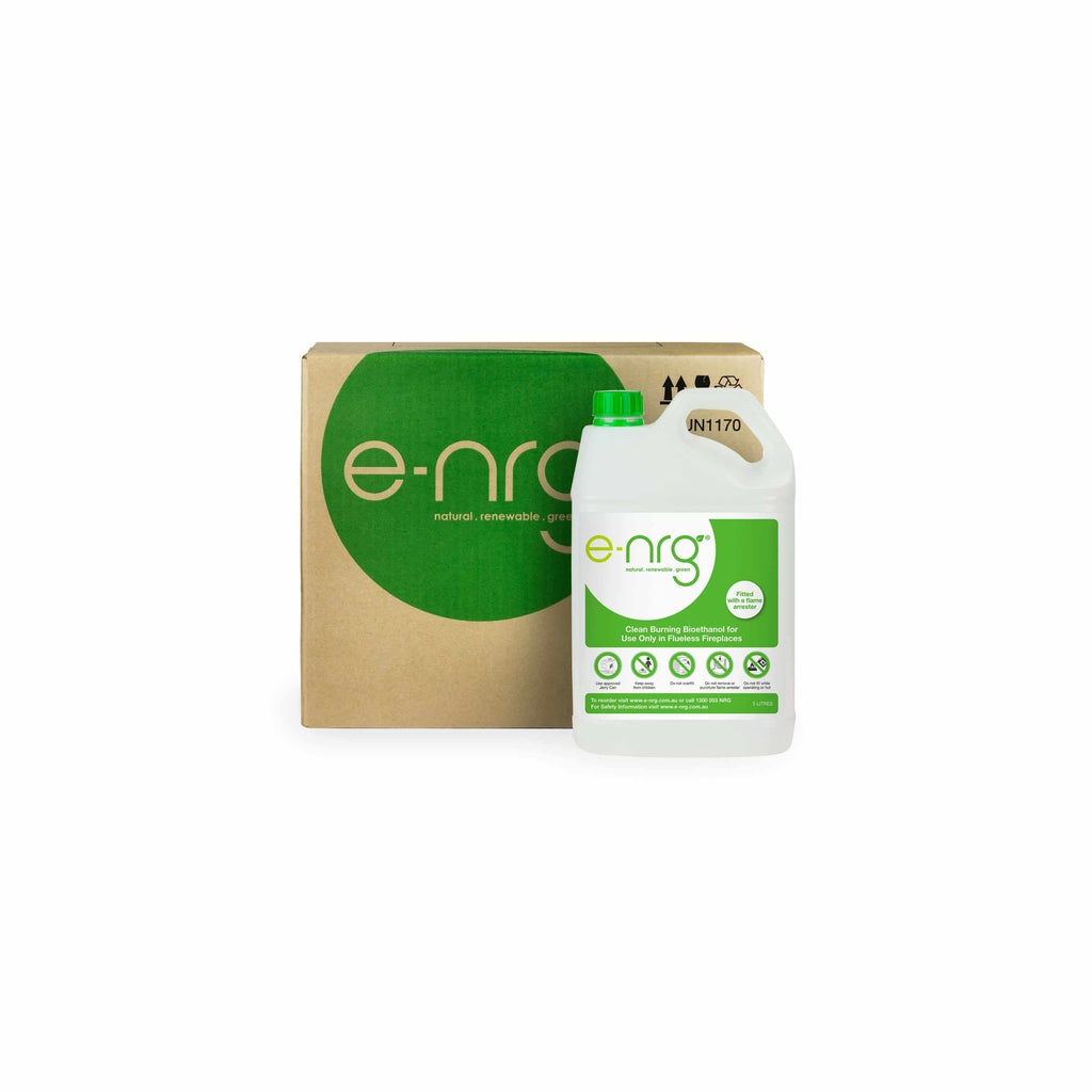 Five-litre bottle of E-NRG bioethanol fuel with a green label in front of a branded cardboard carton.