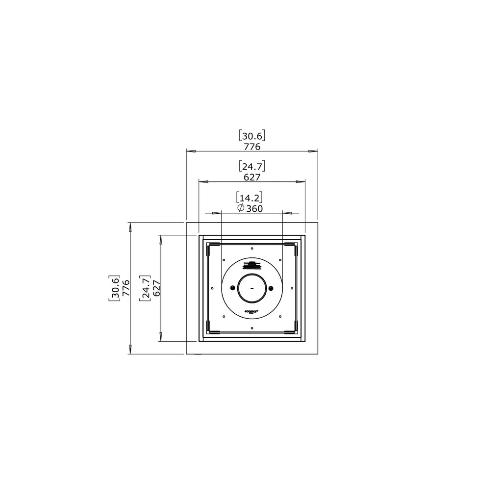 Technical line drawing of the EcoSmart Fire Base 30 bioethanol fire pit table showing top-down dimensions in mm and inches.