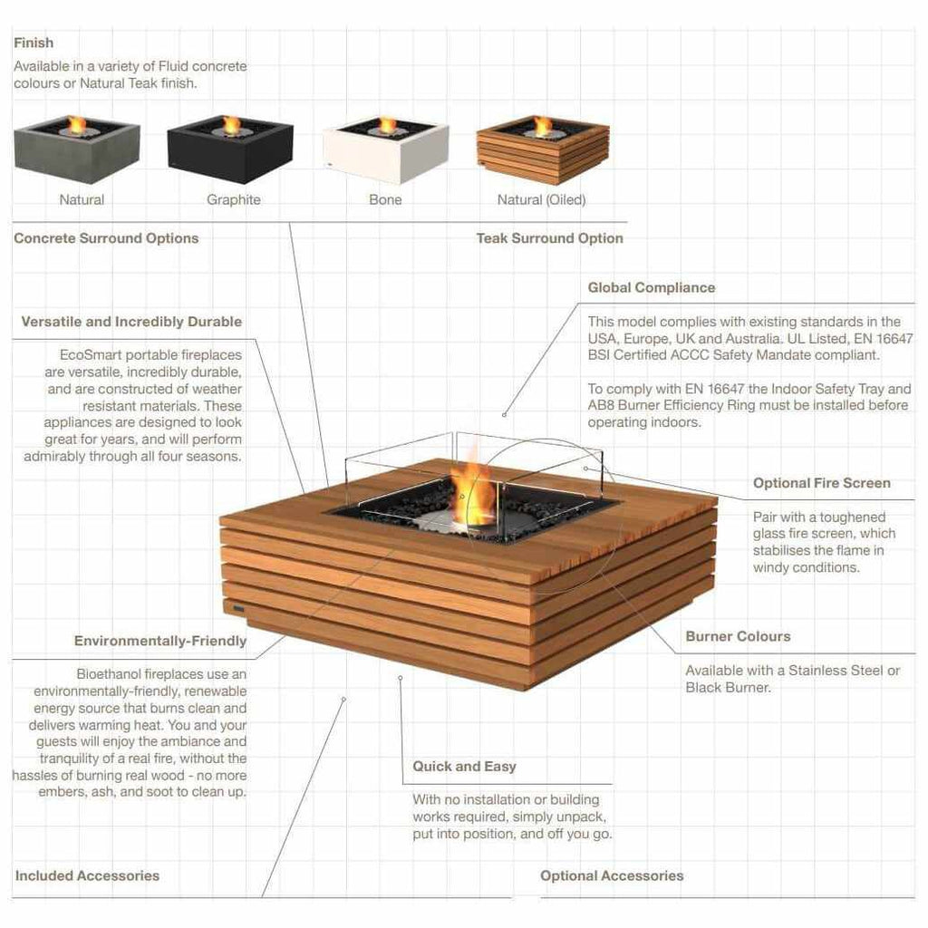 EcoSmart Fire Base 30 bioethanol fire pit table with a teak wood surround, central burner, and glass fire screen.