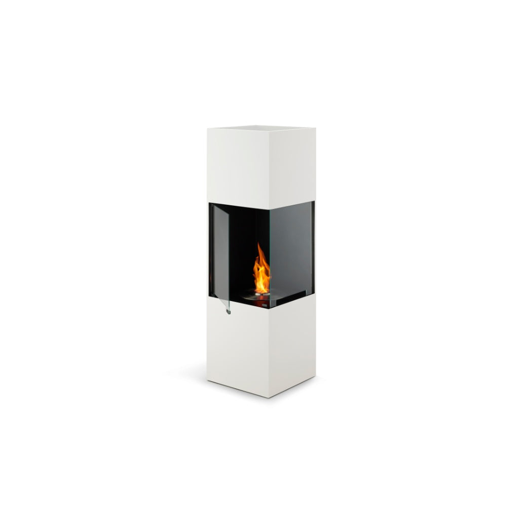EcoSmart Fire BE bioethanol fireplace in a tall, white square design with a glass-enclosed flame on a white background.