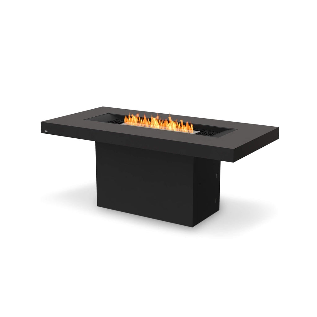 EcoSmart Fire Gin 90 bar table in black with a central rectangular bioethanol burner and orange flames.