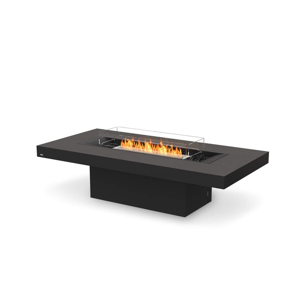 EcoSmart Fire Gin 90 bioethanol fire pit table in matte black with a central flame and glass wind guard.