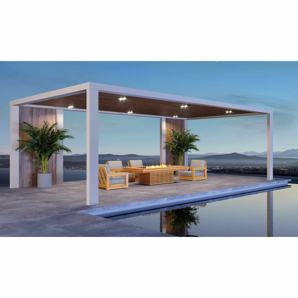 EcoSmart Fire Gin 90 bioethanol fire pit table with wooden frame and grey cushions under a modern outdoor pergola.
