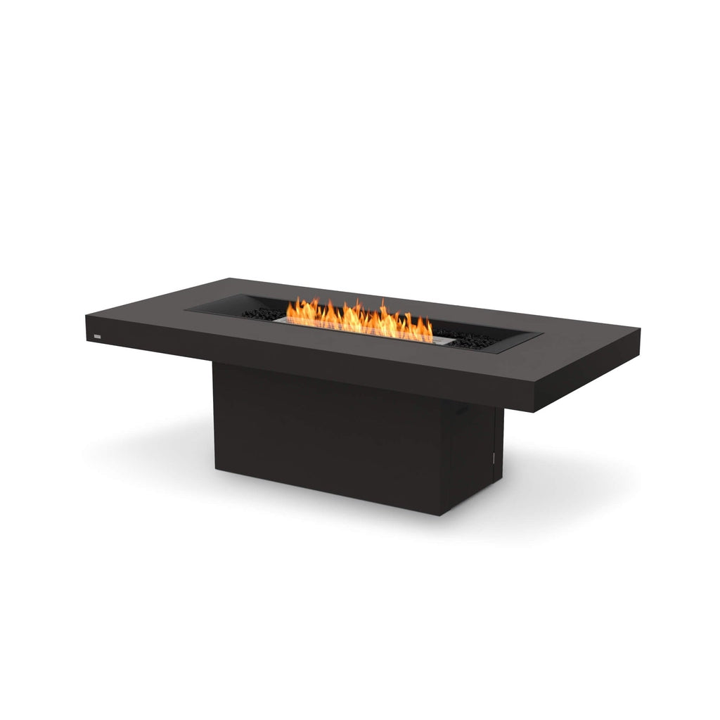 EcoSmart Fire Gin 90 dining fire pit table in matte black with a central linear flame and black decorative stones.