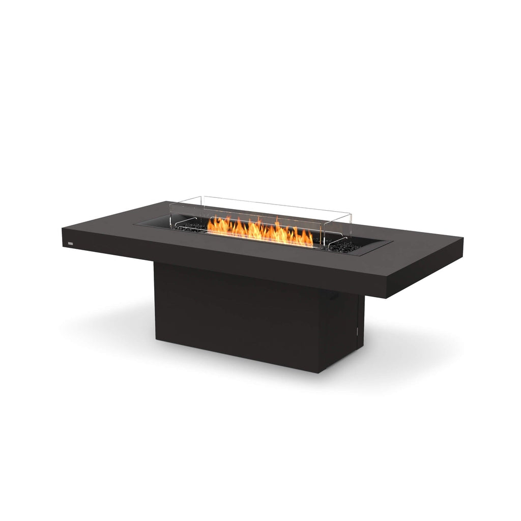 EcoSmart Fire Gin 90 dining fire pit table in matte black with a central linear flame and glass wind guard.