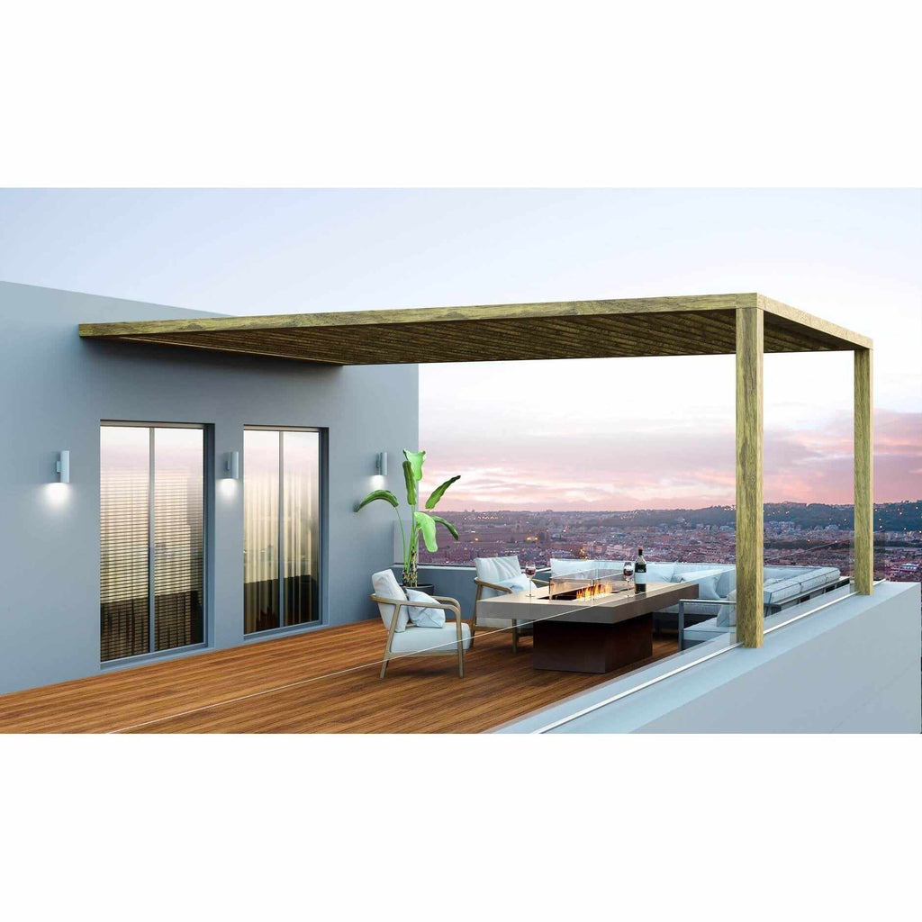 EcoSmart Fire Gin 90 dining fire pit table on a modern rooftop terrace with wooden decking and a pergola.