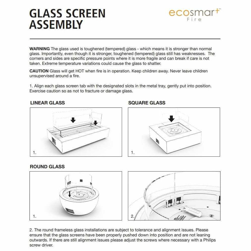 Instructional diagram for EcoSmart Fire L1080 glass screen assembly showing linear, square, and round glass installation.