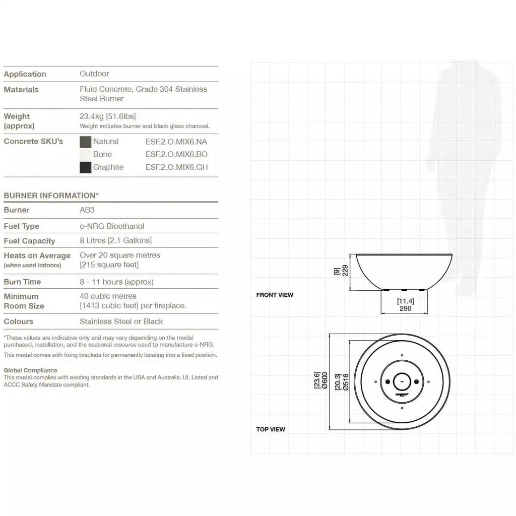 Technical specification sheet for EcoSmart Fire Mix 600 showing front and top view dimensions in millimetres.