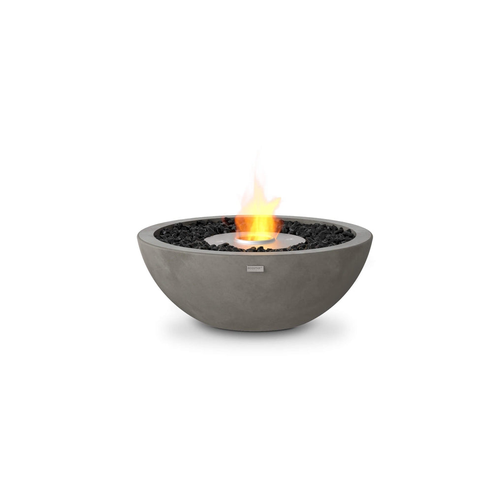 EcoSmart Fire Mix 600 bioethanol fire pit bowl in grey concrete with black decorative stones and a central flame.