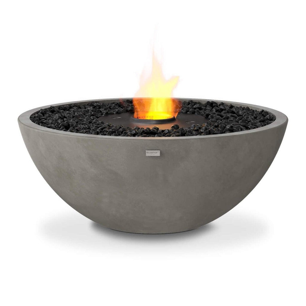 EcoSmart Fire Mix 850 bioethanol fire pit bowl in grey concrete with black decorative stones and a central flame.