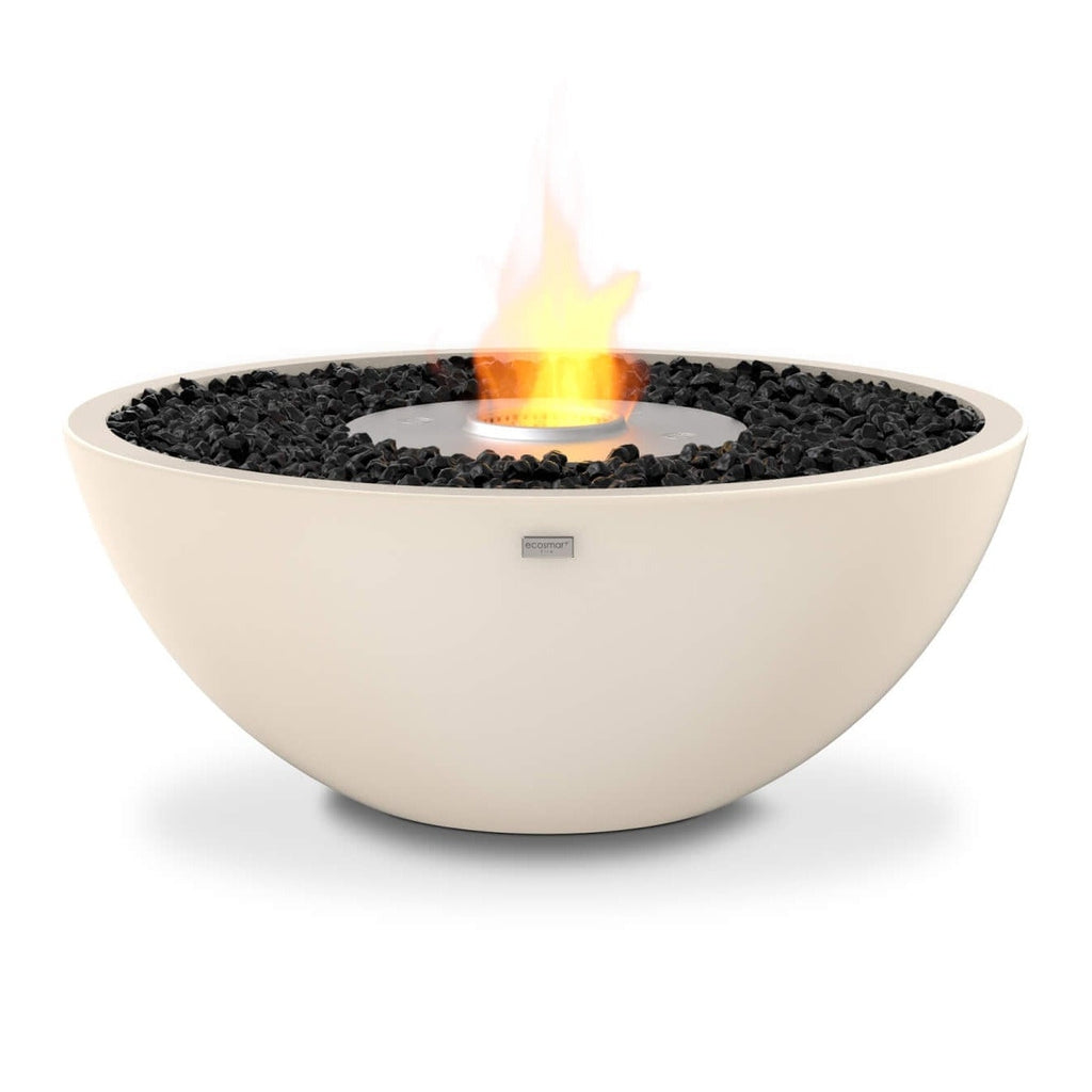 EcoSmart Fire Mix 850 bioethanol fire pit bowl in cream with black decorative stones and a central flame.