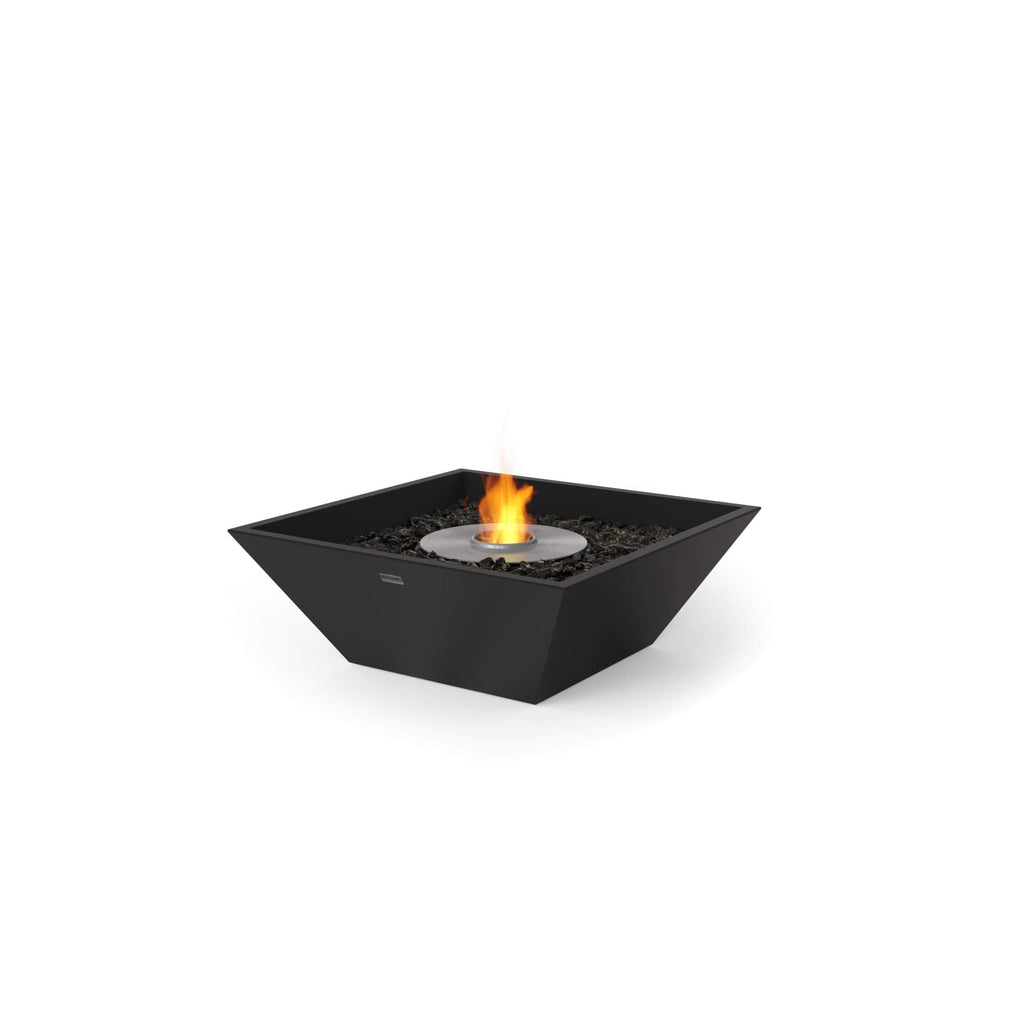 EcoSmart Fire Nova 600 black square bioethanol fire pit with a central flame and dark decorative stones.