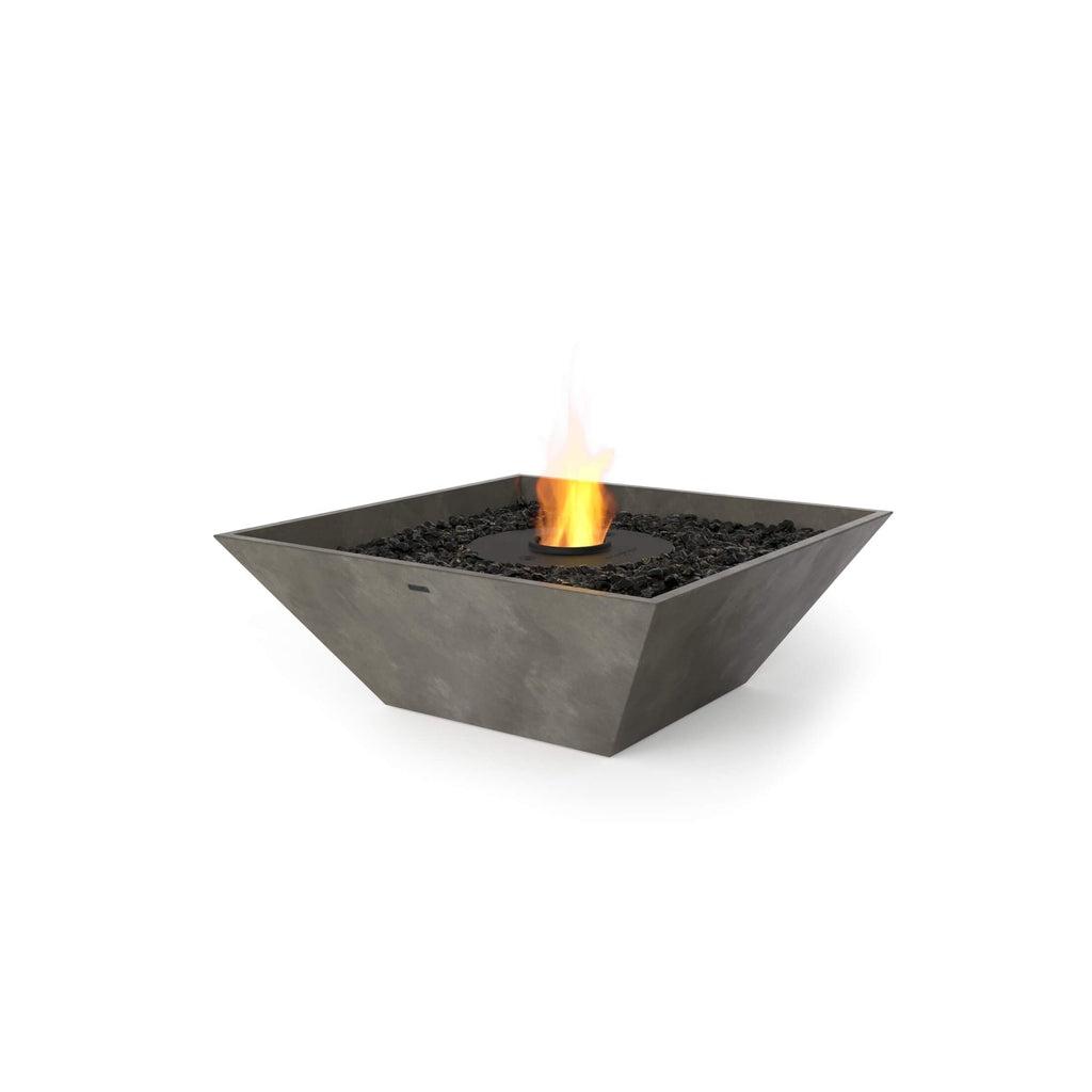 EcoSmart Fire Nova 850 bioethanol fire pit in a grey concrete finish with black decorative stones and a central flame.