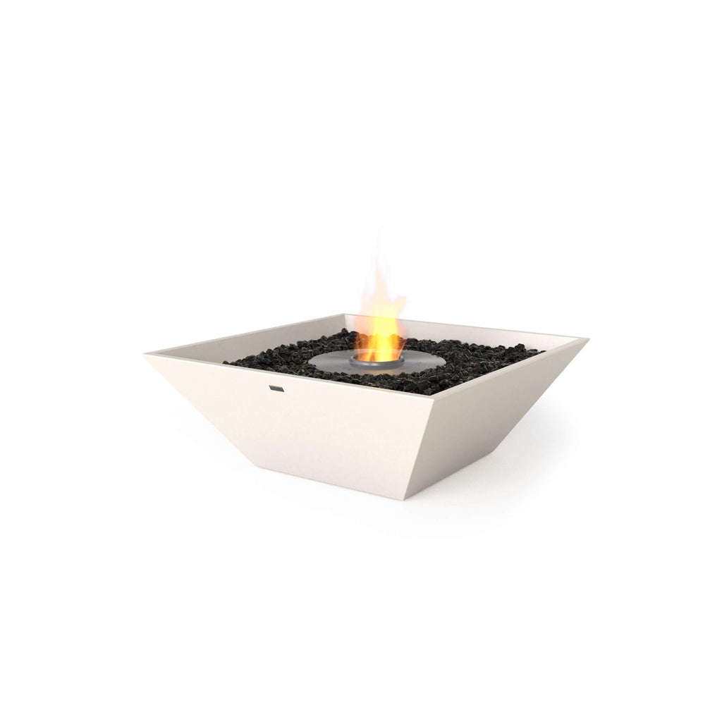 EcoSmart Fire Nova 850 bioethanol fire pit in cream with a central burner, orange flame, and black decorative stones.