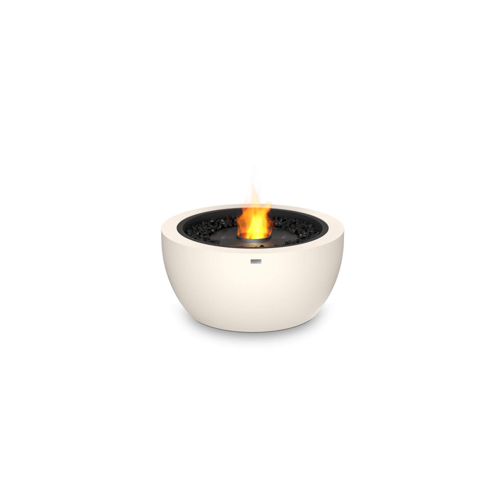 EcoSmart Fire Pod 30 bioethanol fire pit bowl in cream with a black interior and glowing orange flame.