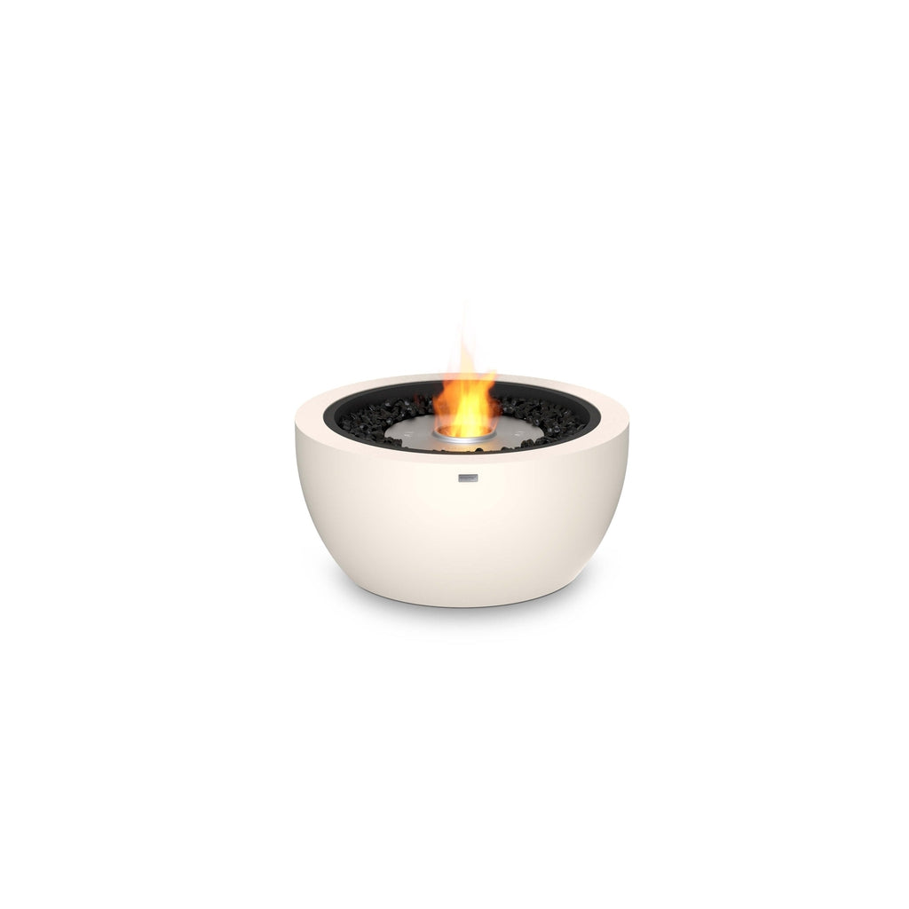 EcoSmart Fire Pod 30 bioethanol bowl in cream with a central flame, black decorative stones, and a metal burner.