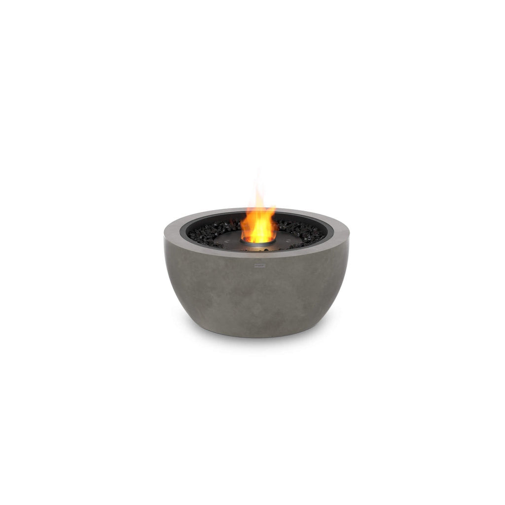 EcoSmart Fire Pod 30 bioethanol fire pit in grey concrete with a central flame and black decorative stones.