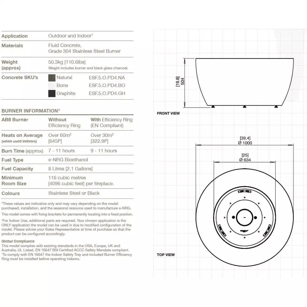 Technical drawing of the EcoSmart Fire Pod 40 showing front and top view dimensions, specifications, and burner details.