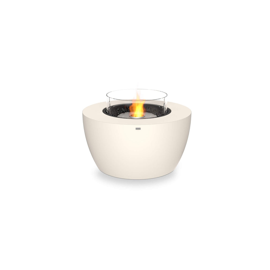 EcoSmart Fire Pod 40 bioethanol fire pit bowl in cream with a central glass flame guard and black decorative stones.